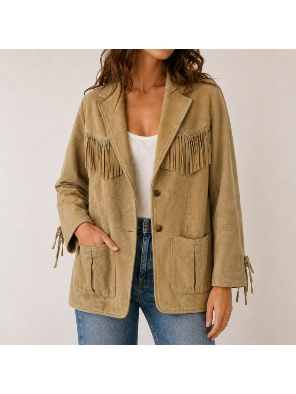 Fanny’s Hide Vintage Leather Fringe Jacket Small Tan Western Boho Suede Coat